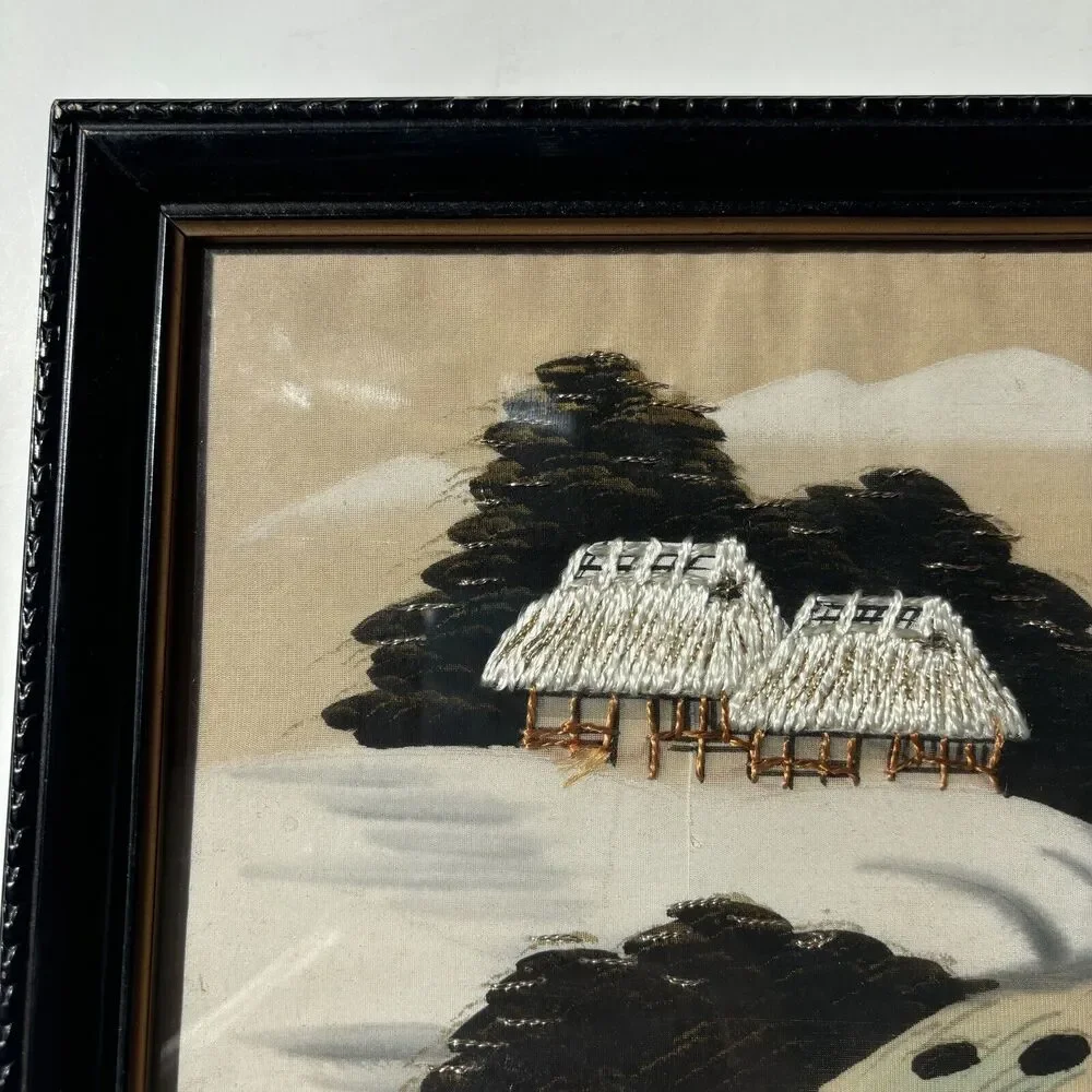 Vintage Japanese Silk Embroidered Winter Landscape 11.5 X 9.5 inches